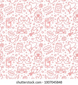 Valentines day seamless pattern. Love, romance flat line icons - hearts, engagement ring, kiss, balloons, doves, valentine card. Red white colored wallpaper for february 14 celebration.