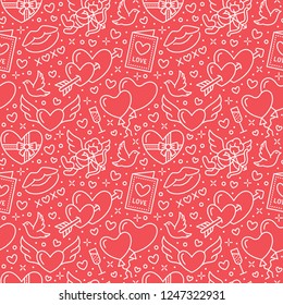 Valentines day seamless pattern. Love, romance flat line icons - hearts, chocolate, kiss, Cupid, doves, valentine card. Red white wallpaper for february 14 celebration.