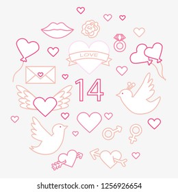 Valentines day seamless pattern. Love, romance flat line icons - hearts, engagement ring, kiss, balloons, doves, valentine card. Red, blue wallpaper for february 14 celebration.
