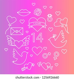 Valentines day seamless pattern. Love, romance flat line icons - hearts, engagement ring, kiss, balloons, doves, valentine card. Red, blue wallpaper for february 14 celebration.