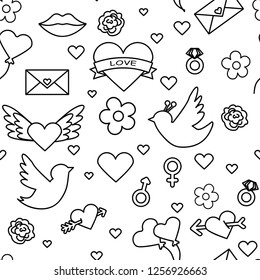 Valentines day seamless pattern. Love, romance flat line icons - hearts, engagement ring, kiss, balloons, doves, valentine card. Red, blue wallpaper for february 14 celebration.