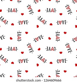 Valentine's day seamless pattern of Love text and tiny red hearts on white color background. Concept of love and Valentines day. Vector illustration.