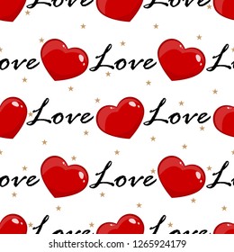 Valentine's day seamless pattern of Love text with red heart and tiny stars on white color background. Concept of love and Valentines day. Vector illustration.