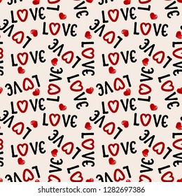 Valentine's day seamless pattern of Love text with many tiny red hearts on light color background. Concept of love and Valentines day. Vector illustration.