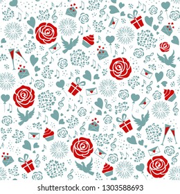 Valentines day seamless pattern. Love sign background with roses, pigeons, hearts, letters, gift boxes, music in red and blue tones. Vector for greeting  card, wrapping paper, textile, banner