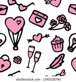 Valentines day seamless pattern. Love, romance hand drawn icons - heart, envelope, calendar, balloon, cupcake, feather, wine glasses, flower, light bulb. Colored wallpaper for february 14 celebration