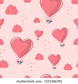 Valentines day seamless pattern with love air balloons and clouds. Romantic background with hearts.