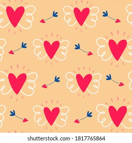 Valentine's Day seamless pattern. Love day. Cupid's arrows. Romantic design for wrapping paper, fabrics, covers and cards. Vector illustration.