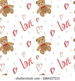 Patrón sin fisuras del día de San Valentín. Amor y lindo oso de peluche con un arco rojo. Ilustración vectorial aislada en fondo blanco.