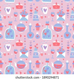 Valentine's day seamless pattern. Love, romance flat icons - hearts, potion, bottles, letter for valentine card decor. Pink , white and blue colored wallpaper for february 14 celebration