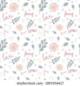 Valentines day seamless pattern with love, amor, and Korean Sarang words decorated with pastel leaves. Greeting cards and gift paper pattern.