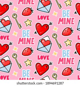 Patrón sin fisuras del día de San Valentín. Amor, Corazón con flecha, fresa, llave y sé letras mías. Ilustración de moda de colores. Fondo vectorial romántico, papel envolvente.