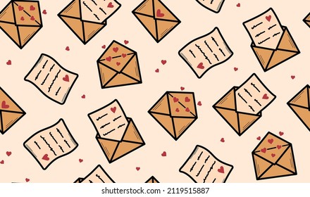 Valentine's day seamless pattern. Love letter, envelope and hearts in colored doodle style. Vector illustration in hand drawn sketch style.