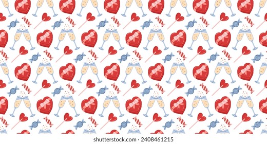 Valentines day seamless pattern. Love sweets, candies, champagne. Flat vector illustration.