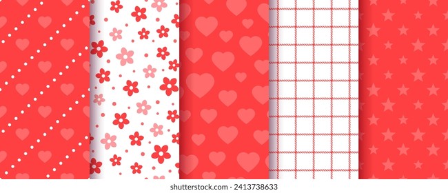 Valentine's day seamless pattern. Love backgrounds. Textures with hearts, flowers and plaid. Set of romantic vintage prints for scrapbooking. Collection red wrapping papers. Vector illustration