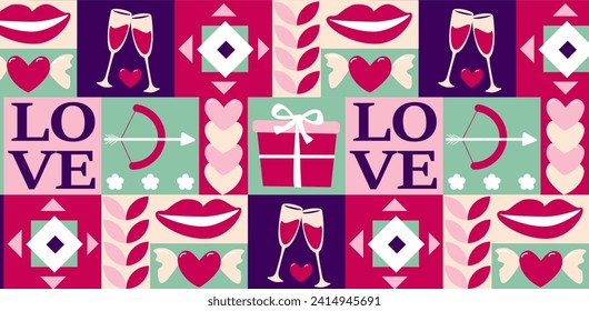 Valentine's day seamless pattern, love heart, vector illustration.Bauhaus pattern abstract geometric.