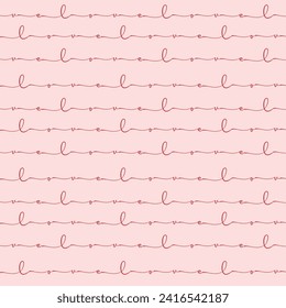 Valentine's day seamless pattern of Love text and tiny red hearts on white color background. Concept of love and Valentines day. Vector illustration.