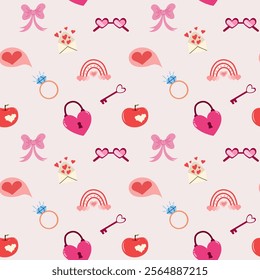 Valentine's day seamless pattern. Love symbols, rainbow, heart lock and key, diamond ring, bow. Vector design