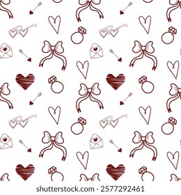 Valentine's day seamless pattern. Love symbols, letter, arrow, letter, diamond ring, bow. Vector design