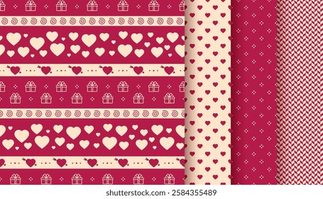 Valentine's day seamless pattern. Love background. Vinous texture with heart, present, dots. Retro romantic print. Set vintage wrapping papers. Cute backdrops. Vector illustration. Geometric design