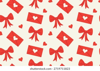 Valentine's Day seamless pattern with love letters, bows and hearts; february background- vector illustration
