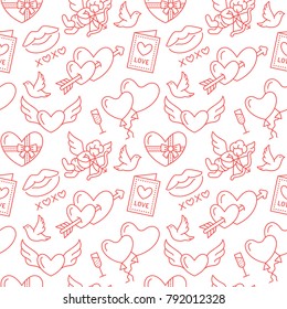 Valentines day seamless pattern. Love, romance flat line icons - hearts, chocolate, kiss, Cupid, doves, valentine card. Red white wallpaper for february 14 celebration.