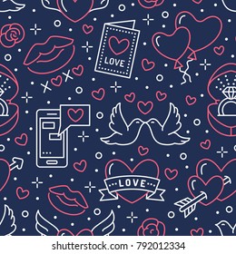 Valentines Day Seamless Pattern. Love, Romance Flat Line Icons - Hearts, Engagement Ring, Kiss, Balloons, Doves, Valentine Card. Red, Blue Wallpaper For February 14 Celebration.