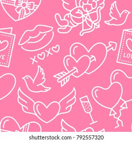 Valentines day seamless pattern. Love, romance flat line icons - hearts, chocolate, kiss, Cupid, doves, valentine card. Pink wallpaper for february 14 celebration.
