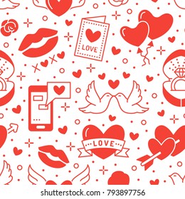 Valentines day seamless pattern. Love, romance flat line icons - hearts, engagement ring, kiss, balloons, doves, valentine card. Red, white wallpaper for february 14 celebration.