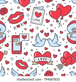 Valentines day seamless pattern. Love, romance flat line icons - hearts, engagement ring, kiss, balloons, doves, valentine card. Red, whiten blue colored wallpaper for february 14 celebration.