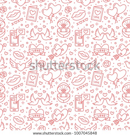 Valentines day seamless pattern. Love, romance flat line icons - hearts, engagement ring, kiss, balloons, doves, valentine card. Red white colored wallpaper for february 14 celebration.