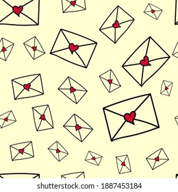 Valentines day seamless pattern with lovely envelopes on pastel background, hand drawn doodle envelope with red heart for Valentines day holiday, vector illustration design.