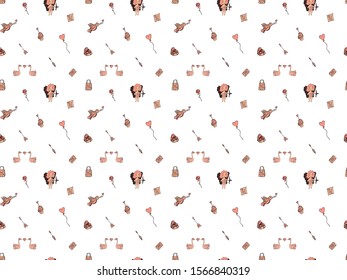 Valentine's day seamless pattern made from hand-drawn 
doodles of cupid with a bow, pairs of swans with hearts, birds, roses, gifts, balloons, cakes, arrows, love notes on a white background. Vector.