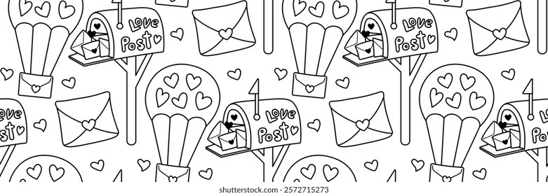 Valentines day seamless pattern. Mailbox with love letters and hearts doodle icon. Love mail by parachute, confession of love. Romantic line art Background. Vector outline illustration.