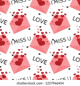 Valentine's Day seamless pattern of many heart flying from pink envelope with love and miss you text on white background. Vector illustration.