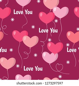 Valentine's day seamless pattern of many pink heart shape balloons with Love You text and tiny asterisk on dark pink color background. Concept of love and Valentine day. Vector illustration.