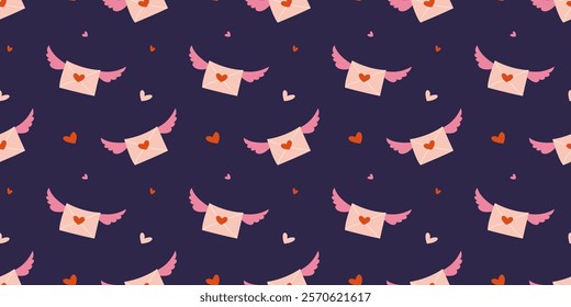 Valentine's Day seamless pattern. Message of love, pink envelope with wings, hearts. Vector illustration for background, greeting card, banner, wrapping paper, textile