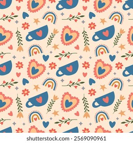 Valentine's day seamless pattern. Mug with a heart, hearts, flowers, stars on a light background. Cute vector illustration for wrapping paper, cover, greeting card, fabric