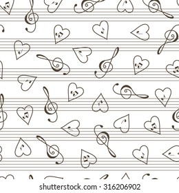  Valentine's Day seamless pattern. Music background. Clef. Hearts. Notes.