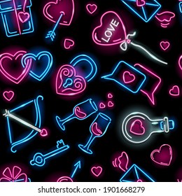 Valentine's Day seamless pattern with neon icons of loving hearts, gift box, Cupid bow, flying envelop, love elixire on black background. Holiday, wedding, romance concept. Vector 10 EPS illustration.