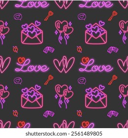 Valentine's day seamless pattern in neon style, scene is cheerful and festive with envelope, balloon and more. Design texture ideal for printing fabric and paper.