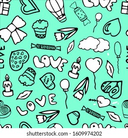 Valentines day seamless pattern on green background.