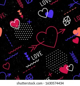 Valentine's Day seamless pattern on black background with old chalkboard effect. Hearts and geometric symbols in retro 80s, 90s memphis style. Trendy vibrant colors. Hipster design. Vector format.