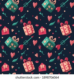 Valentines day seamless pattern on a dark blue background. Cute gift boxes, heart, lips, envelope with a letter, cupid's arrow, flower. Perfect for printing on fabric, paper.