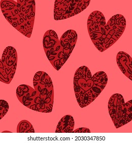 Valentine's Day seamless pattern on pink background. Hand-drawn hearts with tattoos with various symbols, phrases, messages. Vector cartoon illustration for fabric, wrapping paper, wallpapers print.