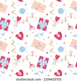 Valentines day seamless pattern on a white background. Cute gift boxes, heart, envelope, confetti, candy. Perfect for printing on fabric, paper.