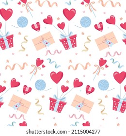 Valentines day seamless pattern on a white background. Cute gift boxes, balloons, heart, envelope, confetti, candy. Perfect for printing on fabric, paper.