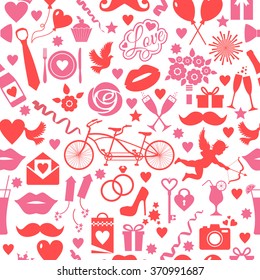 Valentines day seamless pattern on white with love symbols.