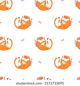 Valentine's Day seamless pattern with orange cupid cat. Cute kitten wearing wingsuit, pink glasses and bow with arrow. Funny Valentine character print for wrapping, apparel, web on white background