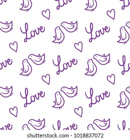 Valentine`s day seamless pattern with outline symbols: hearts, pigeons. Use for packaging, printing, greeting cards, events. Paper for scrapbook.